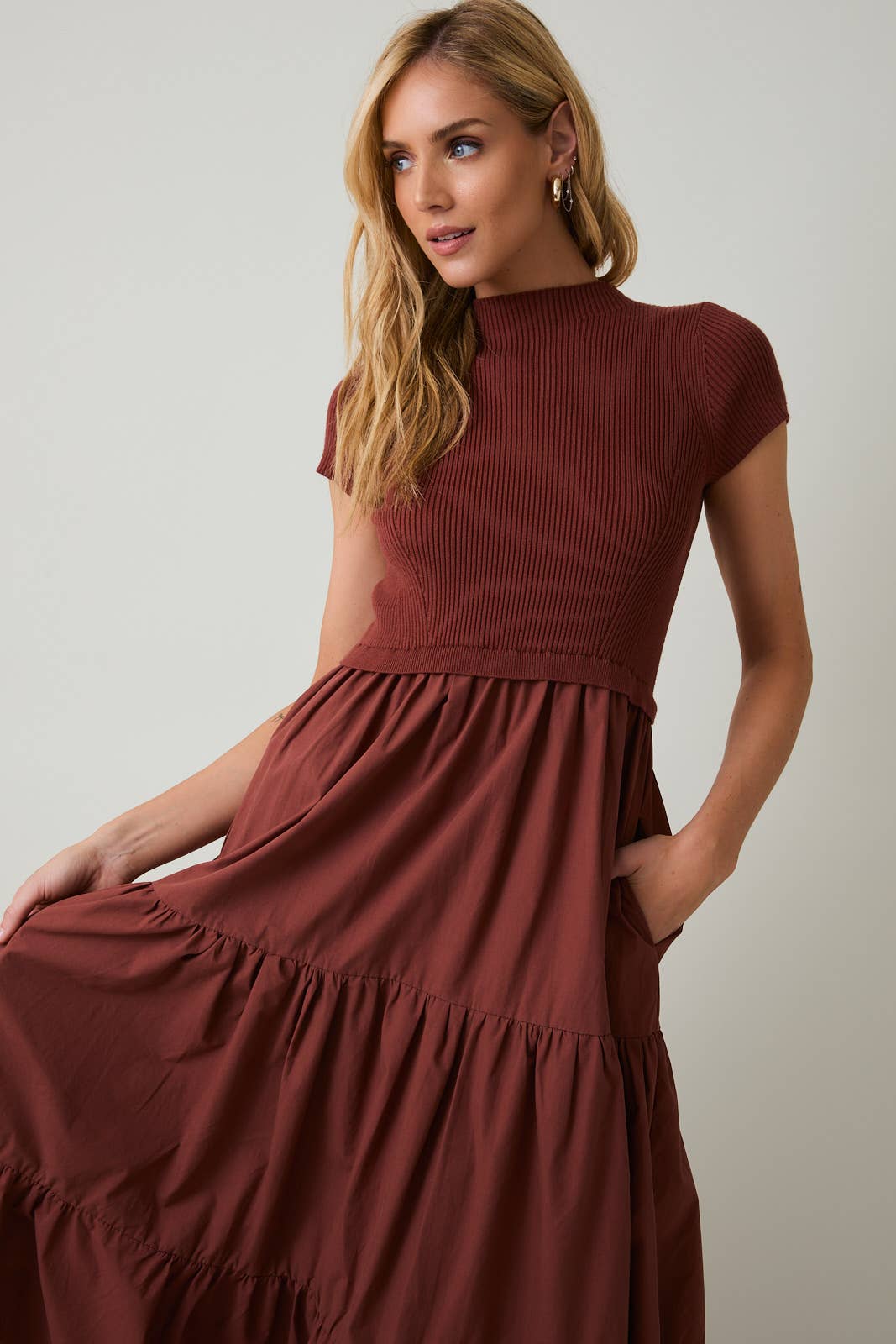 Rust Mock Neck Knit Tiered Dress - Purpose + Passion Boutique