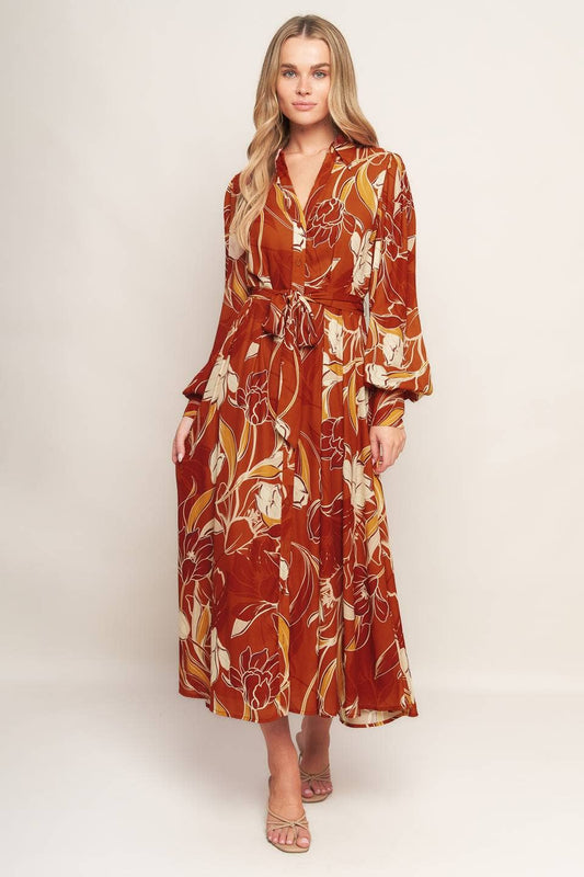 Rust/Cream Pattern Long Dress - Purpose + Passion Boutique