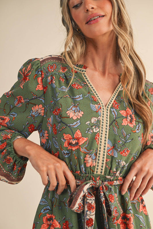 Sage Floral Belted Mini Dress - Purpose + Passion Boutique