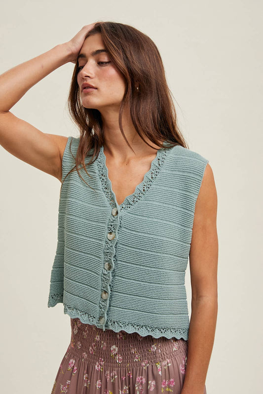 Sage Scalloped Button - Up Sweater Vest - Purpose + Passion Boutique