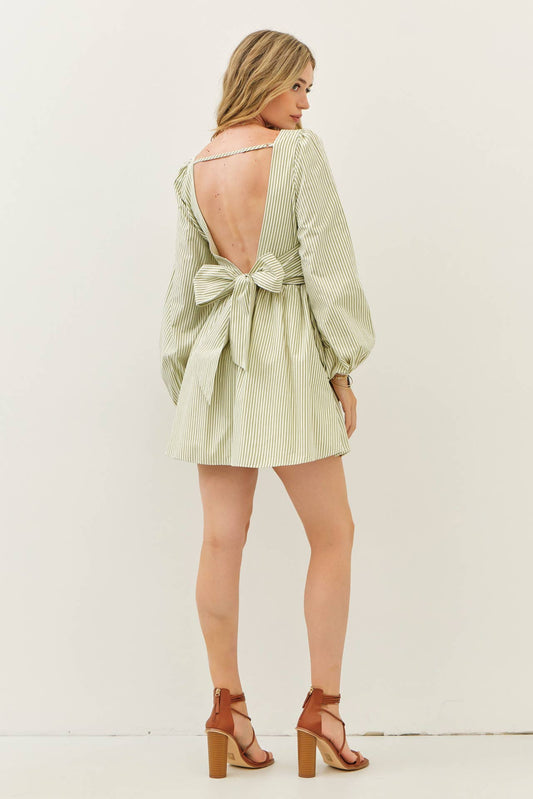Sage Stripe Mini Balloon - Sleeve Dress - Purpose + Passion Boutique