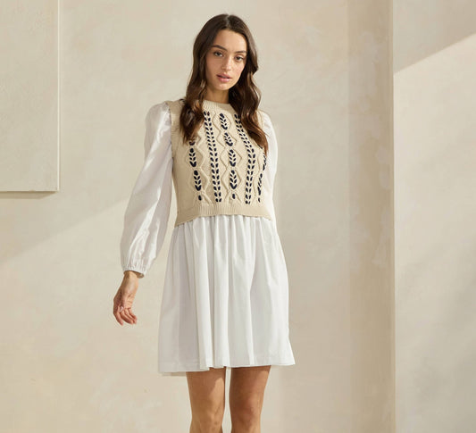 Sand & Ivory Sweater & Poplin Combo Mini Dress - Purpose + Passion Boutique