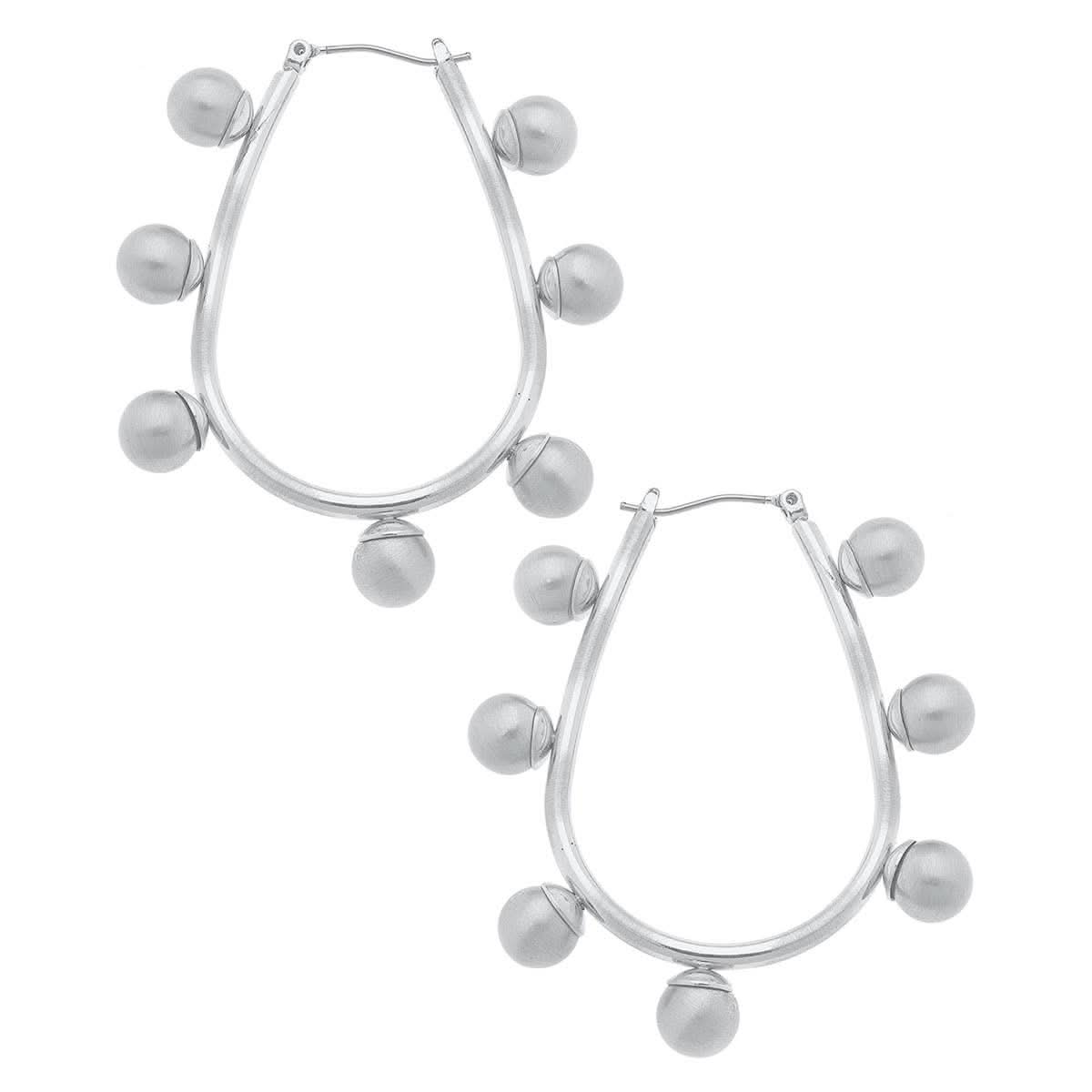 Satin Silver Studded Metal Teardrop Hoop Earrings - Purpose + Passion Boutique