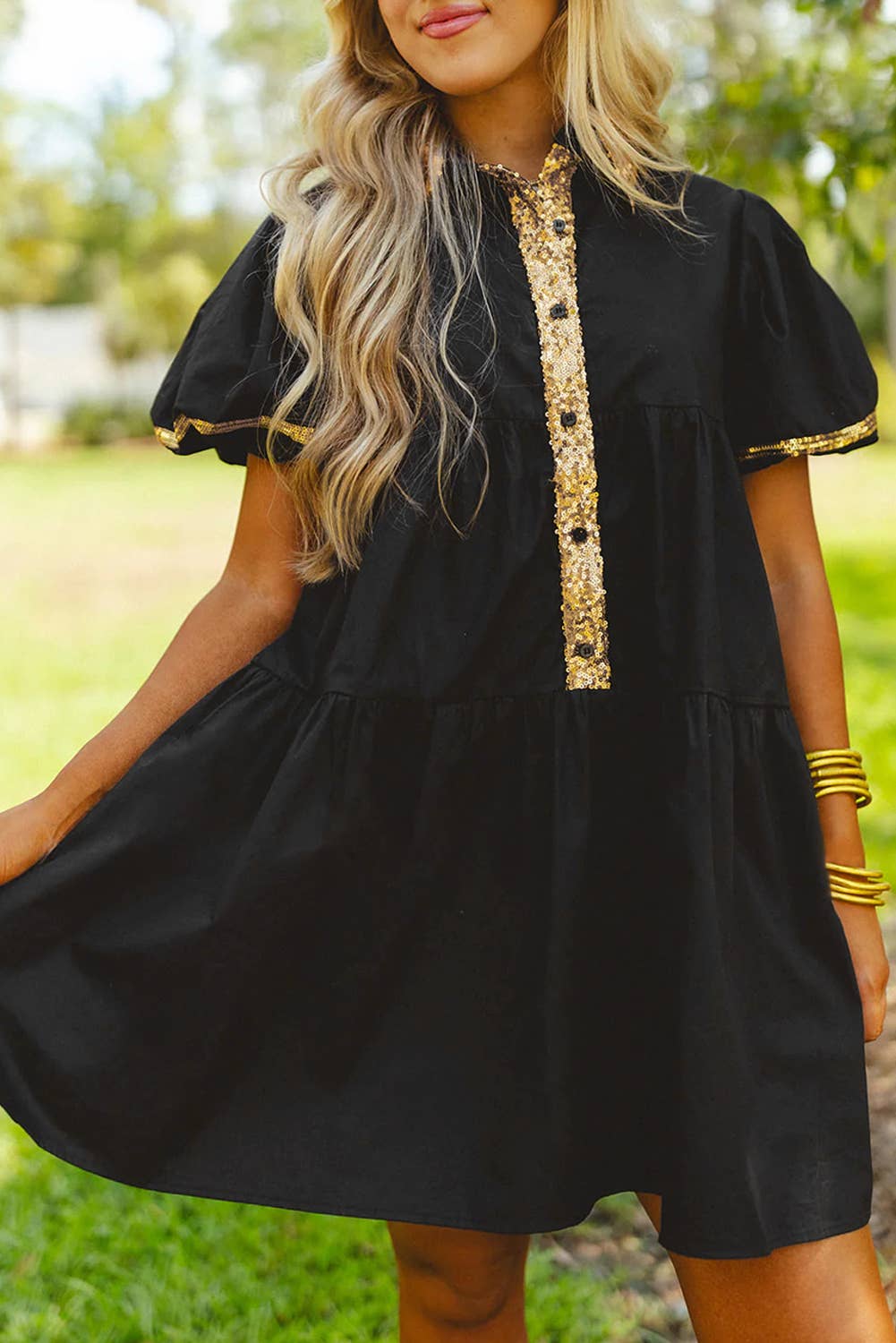 Sequin Black Trim Bubble Sleeve Game Day Shirt Dress - Purpose + Passion Boutique