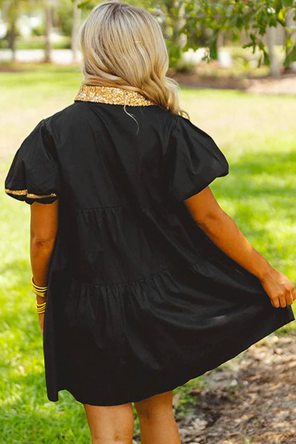 Sequin Black Trim Bubble Sleeve Game Day Shirt Dress - Purpose + Passion Boutique