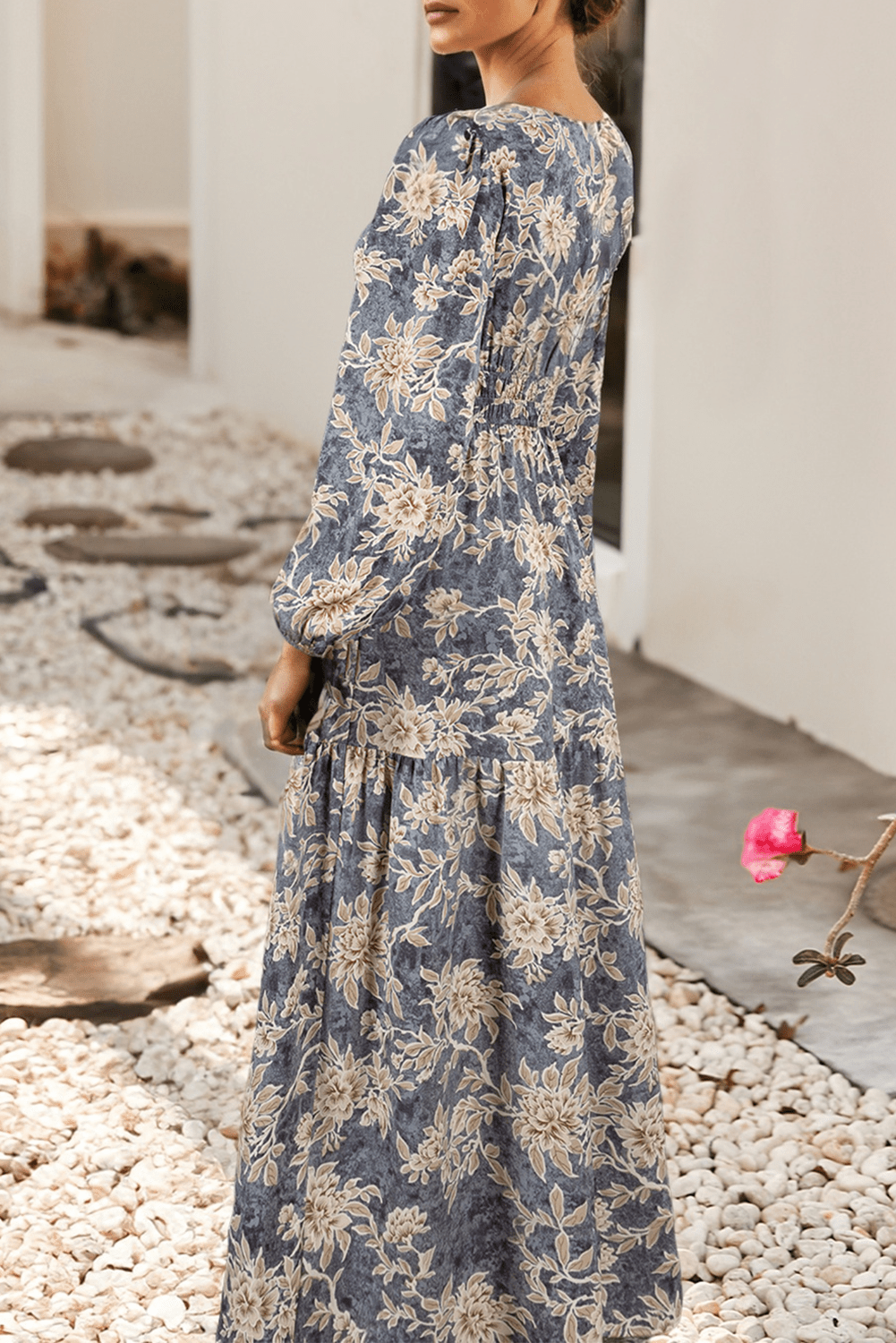 Sky Blue Floral Print Smocked High Waist Long Sleeve Maxi Dress - Purpose + Passion Boutique