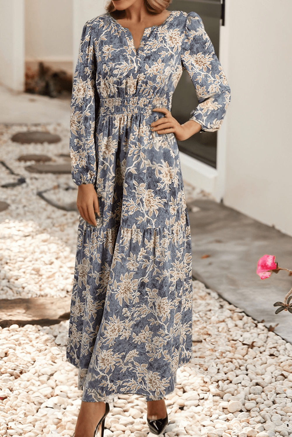 Sky Blue Floral Print Smocked High Waist Long Sleeve Maxi Dress - Purpose + Passion Boutique