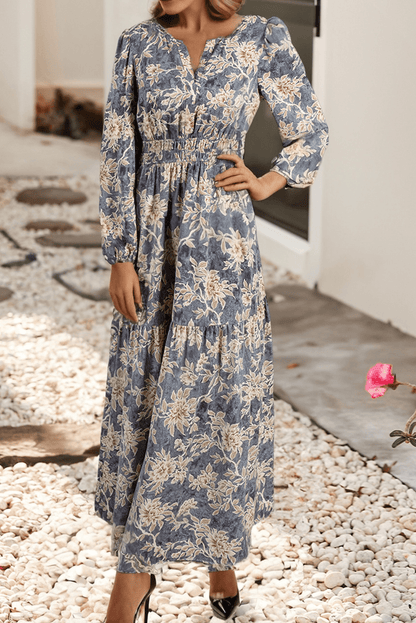 Sky Blue Floral Print Smocked High Waist Long Sleeve Maxi Dress - Purpose + Passion Boutique