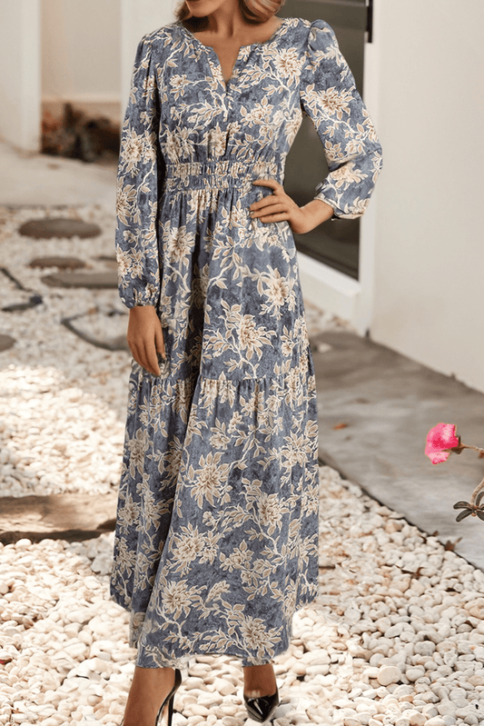 Sky Blue Floral Print Smocked High Waist Long Sleeve Maxi Dress - Purpose + Passion Boutique