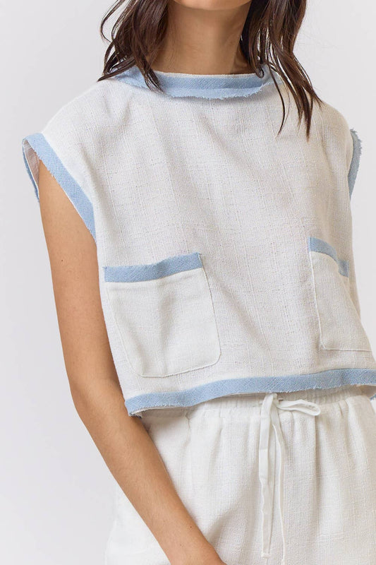 Sky Blue & Ivory Contrast Crop Cap Sleeve Top - Purpose + Passion Boutique