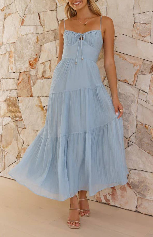 Sky Blue Keyhole Ribbon Tiered Strappy Maxi Dress - Purpose + Passion Boutique