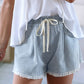 Sky Blue Raw Edge Drawstring Elastic Waist Denim Shorts - Purpose + Passion Boutique