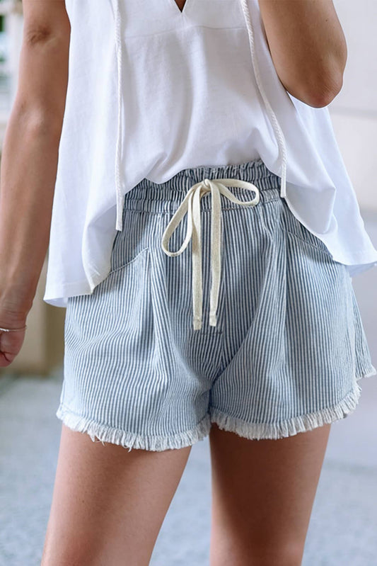 Sky Blue Raw Edge Drawstring Elastic Waist Denim Shorts - Purpose + Passion Boutique