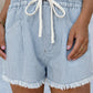 Sky Blue Raw Edge Drawstring Elastic Waist Denim Shorts - Purpose + Passion Boutique