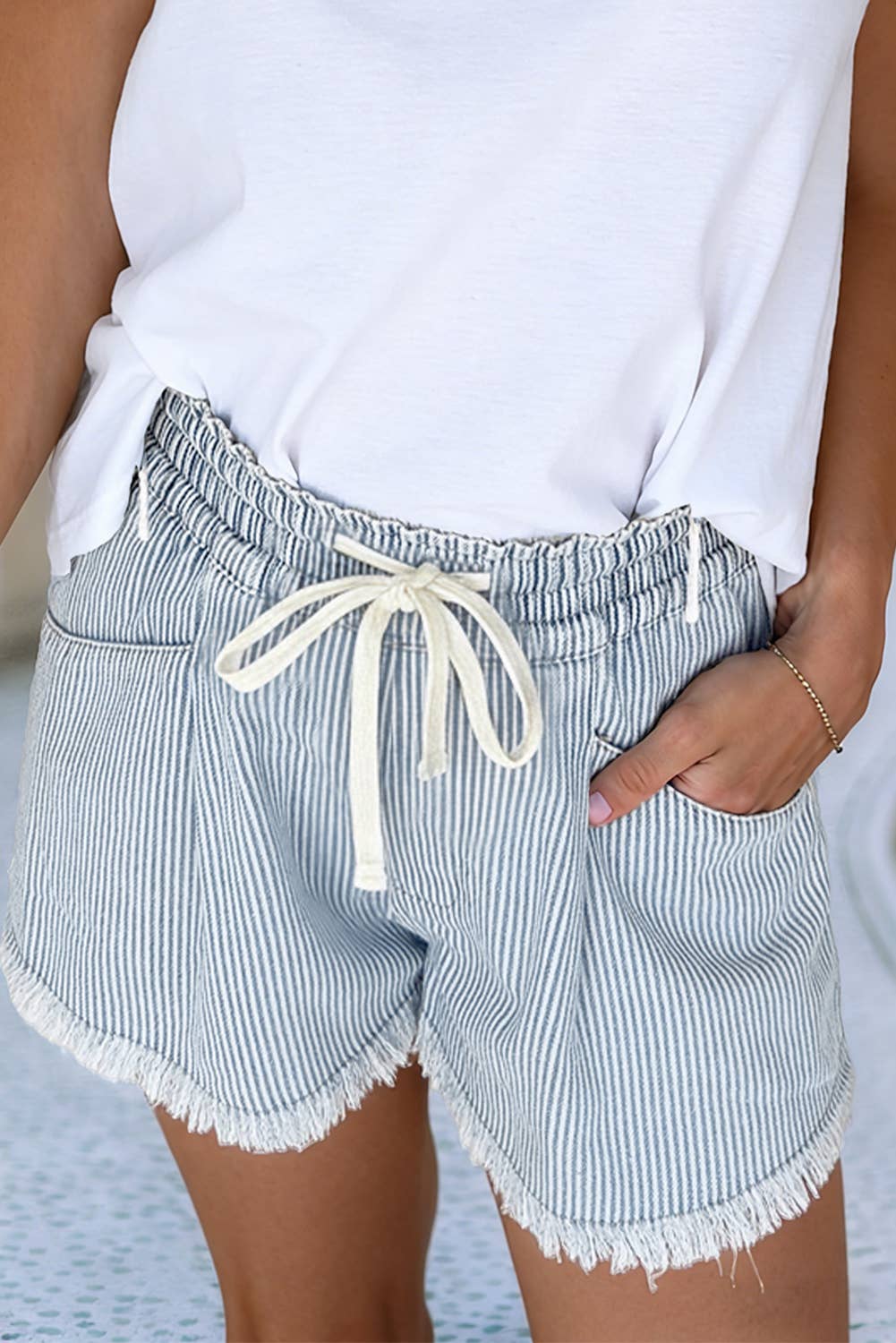 Sky Blue Raw Edge Drawstring Elastic Waist Denim Shorts - Purpose + Passion Boutique