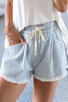 Sky Blue Raw Edge Drawstring Elastic Waist Denim Shorts - Purpose + Passion Boutique