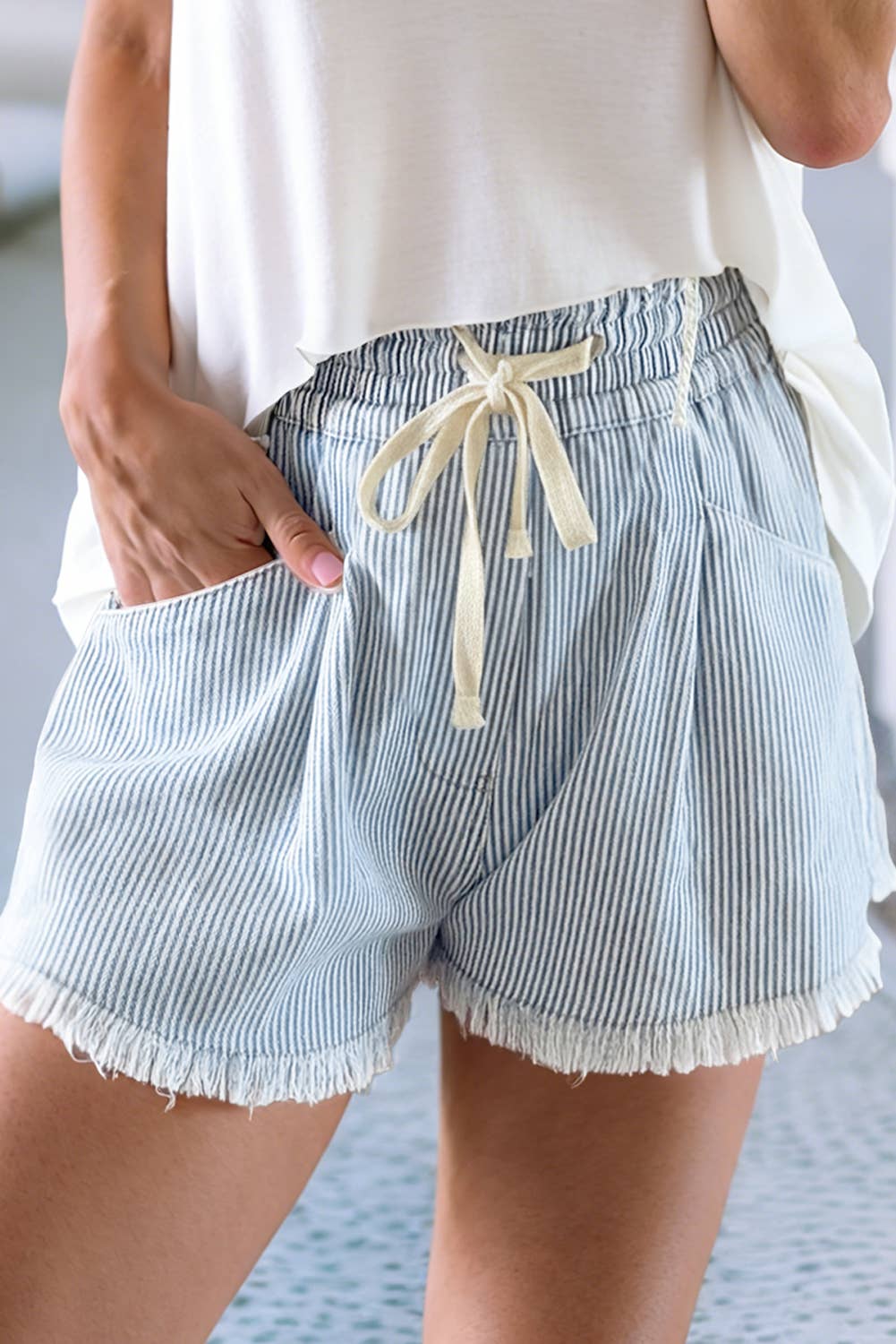 Sky Blue Raw Edge Drawstring Elastic Waist Denim Shorts - Purpose + Passion Boutique