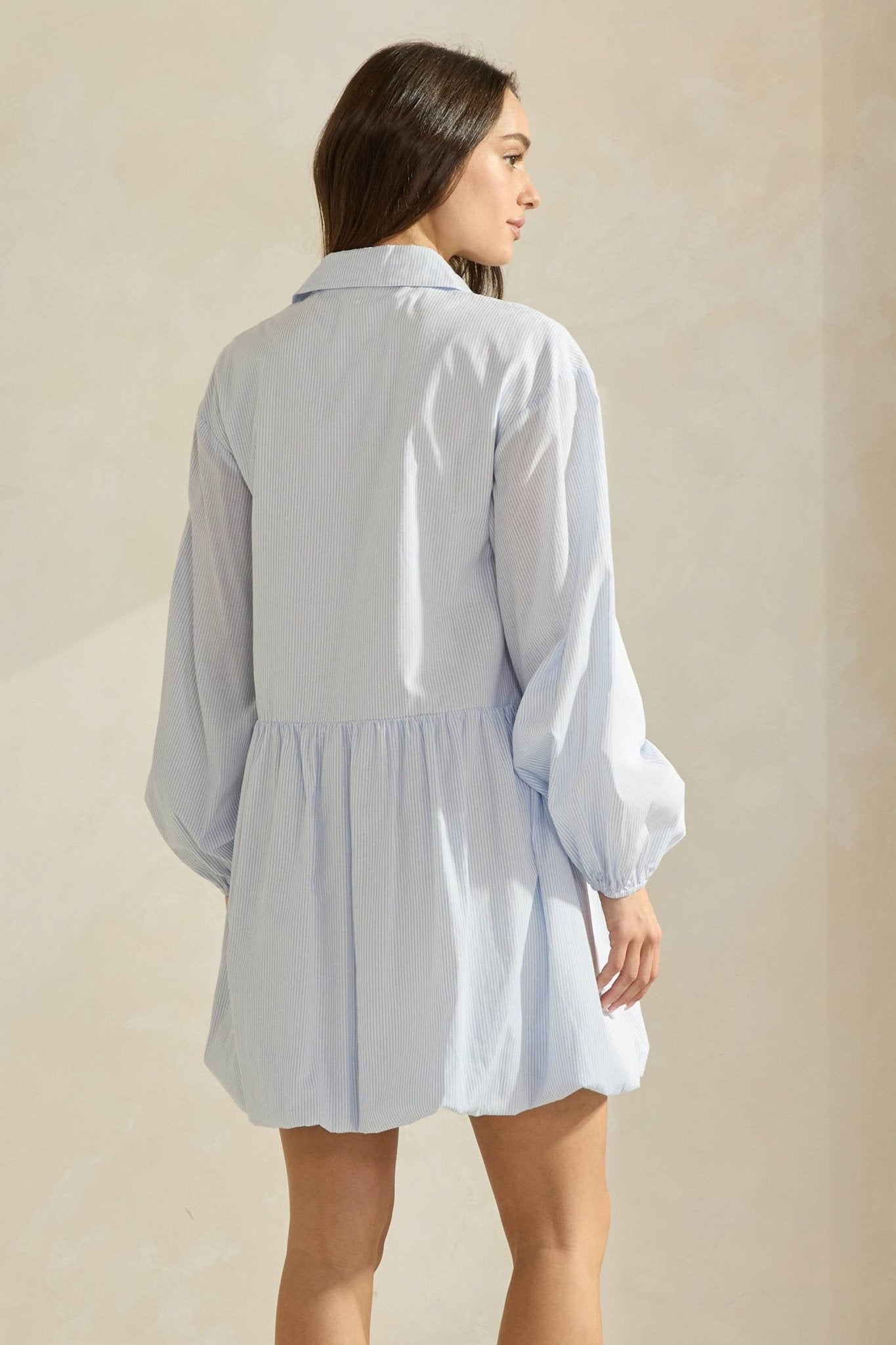 Sky Pinstripe Bubble Hem Mini Shirt Dress - Purpose + Passion Boutique