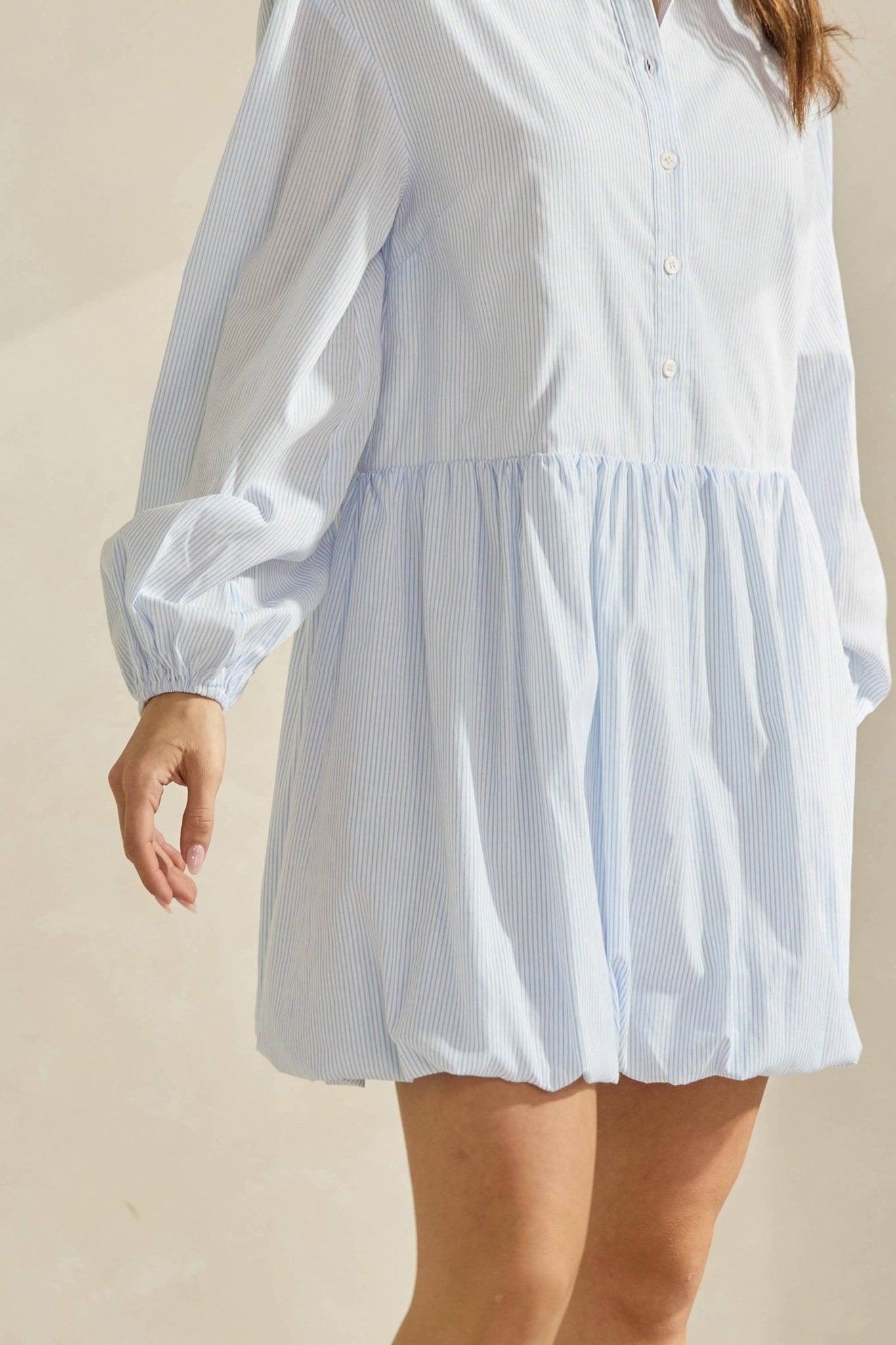 Sky Pinstripe Bubble Hem Mini Shirt Dress - Purpose + Passion Boutique