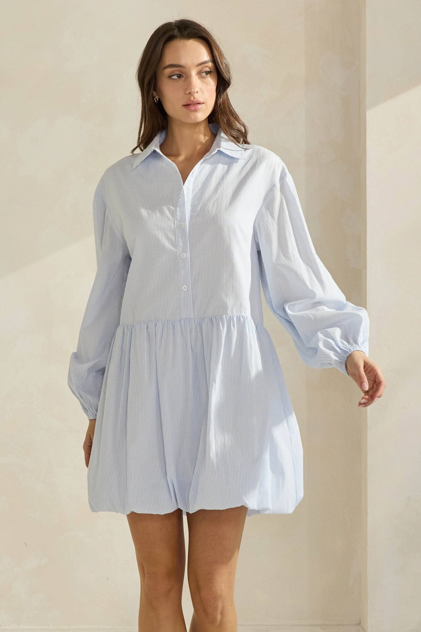 Sky Pinstripe Bubble Hem Mini Shirt Dress - Purpose + Passion Boutique