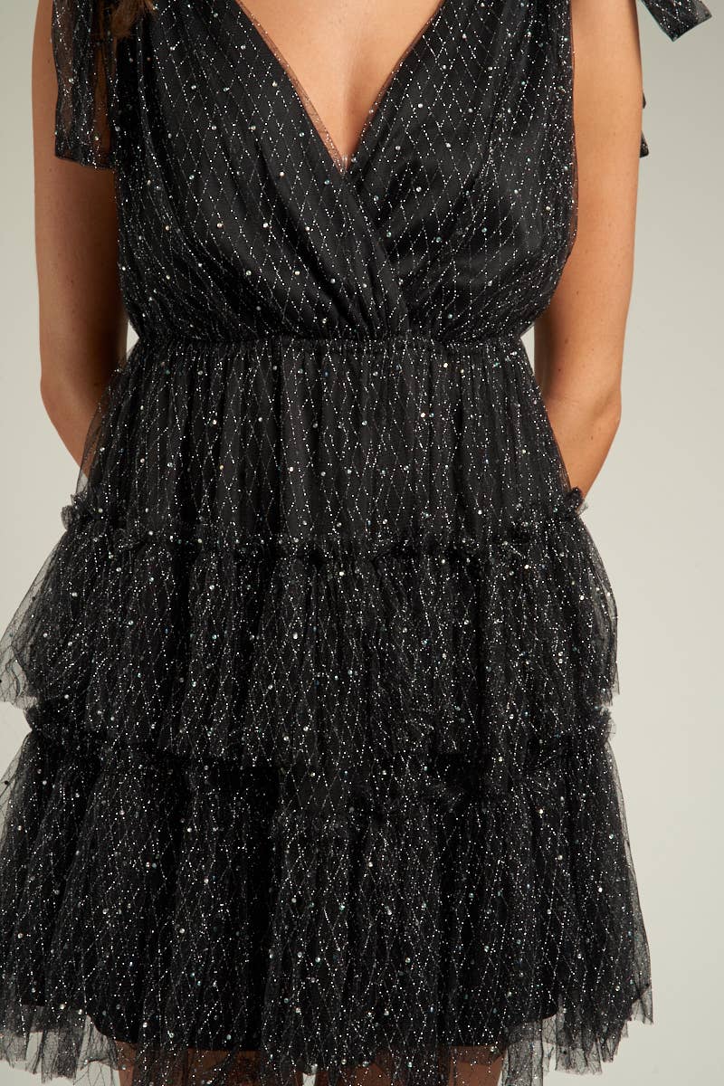 Sleeveless Black Tiered Tulle Glitter Mini Dress - Purpose + Passion Boutique