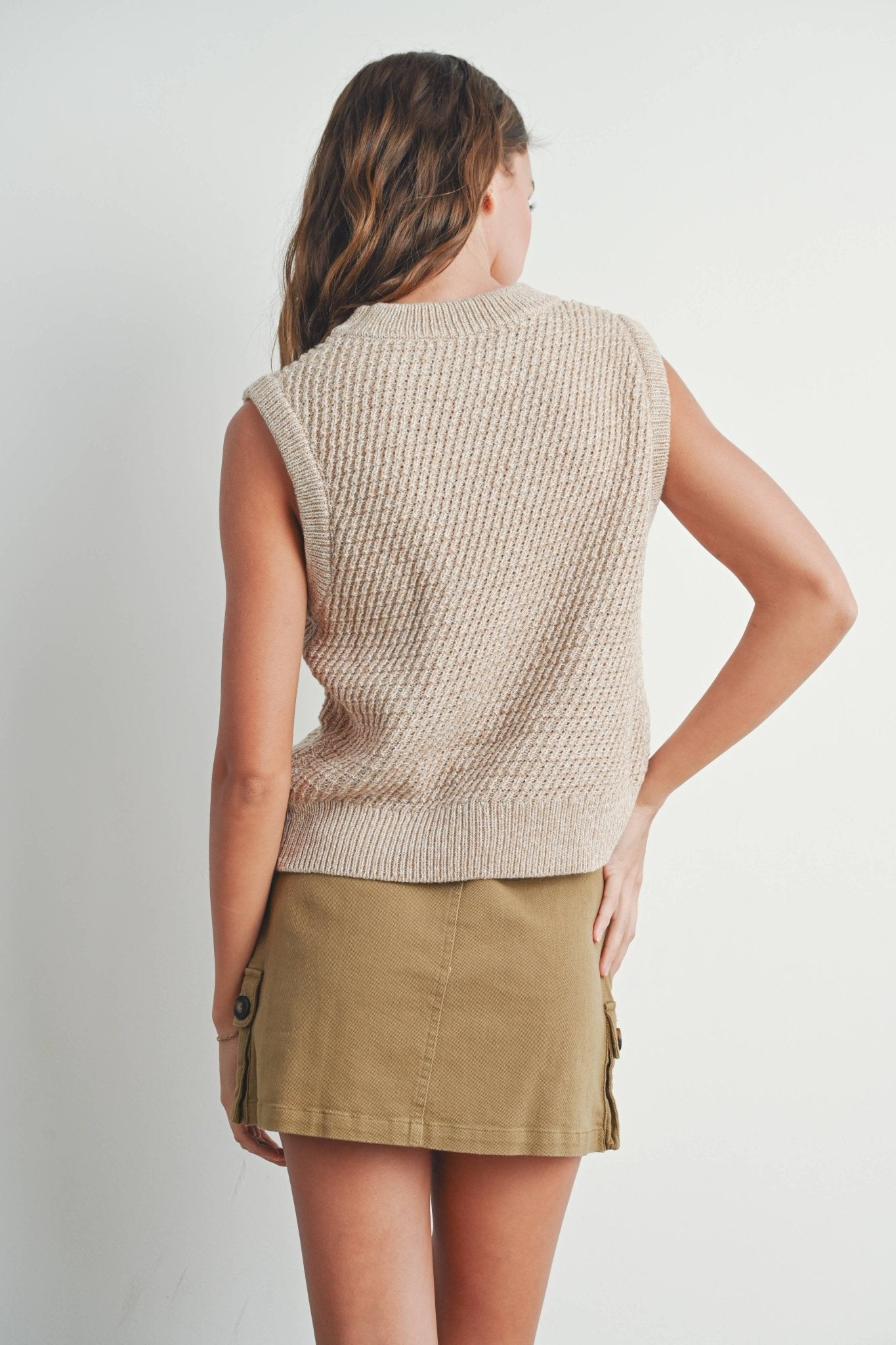 Sleeveless Taupe / Ivory Crew Neck Sweater Knit Vest - Purpose + Passion Boutique