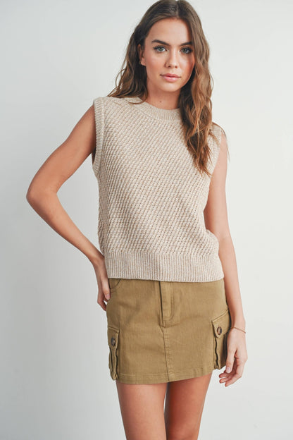 Sleeveless Taupe / Ivory Crew Neck Sweater Knit Vest - Purpose + Passion Boutique