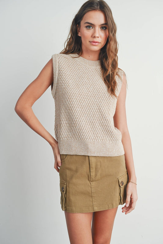 Sleeveless Taupe / Ivory Crew Neck Sweater Knit Vest - Purpose + Passion Boutique