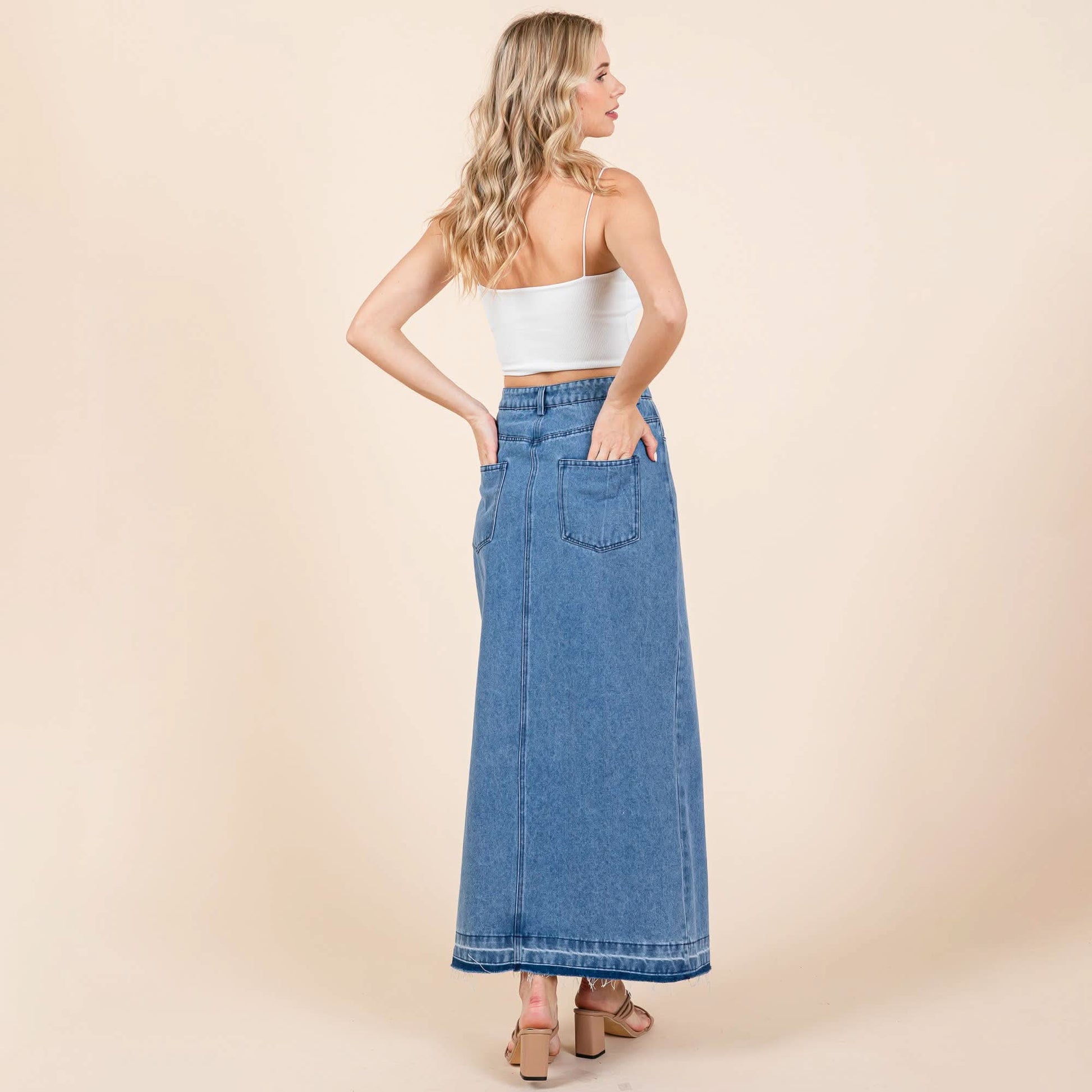 Split Thigh Medium Wash Maxi Denim Pencil Skirt - Purpose + Passion Boutique