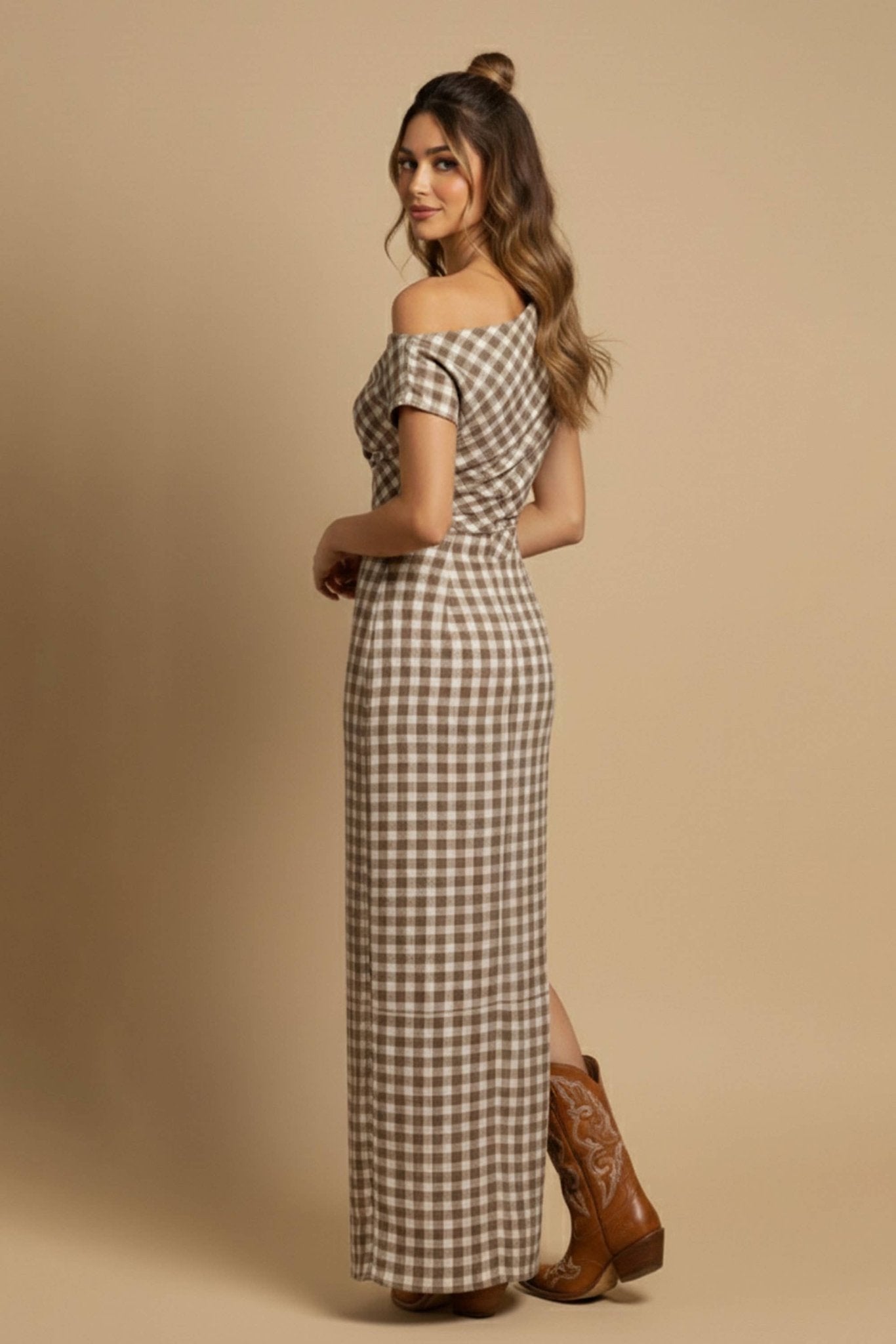 Spring Off - Shoulder Gingham Maxi Dress - Purpose + Passion Boutique