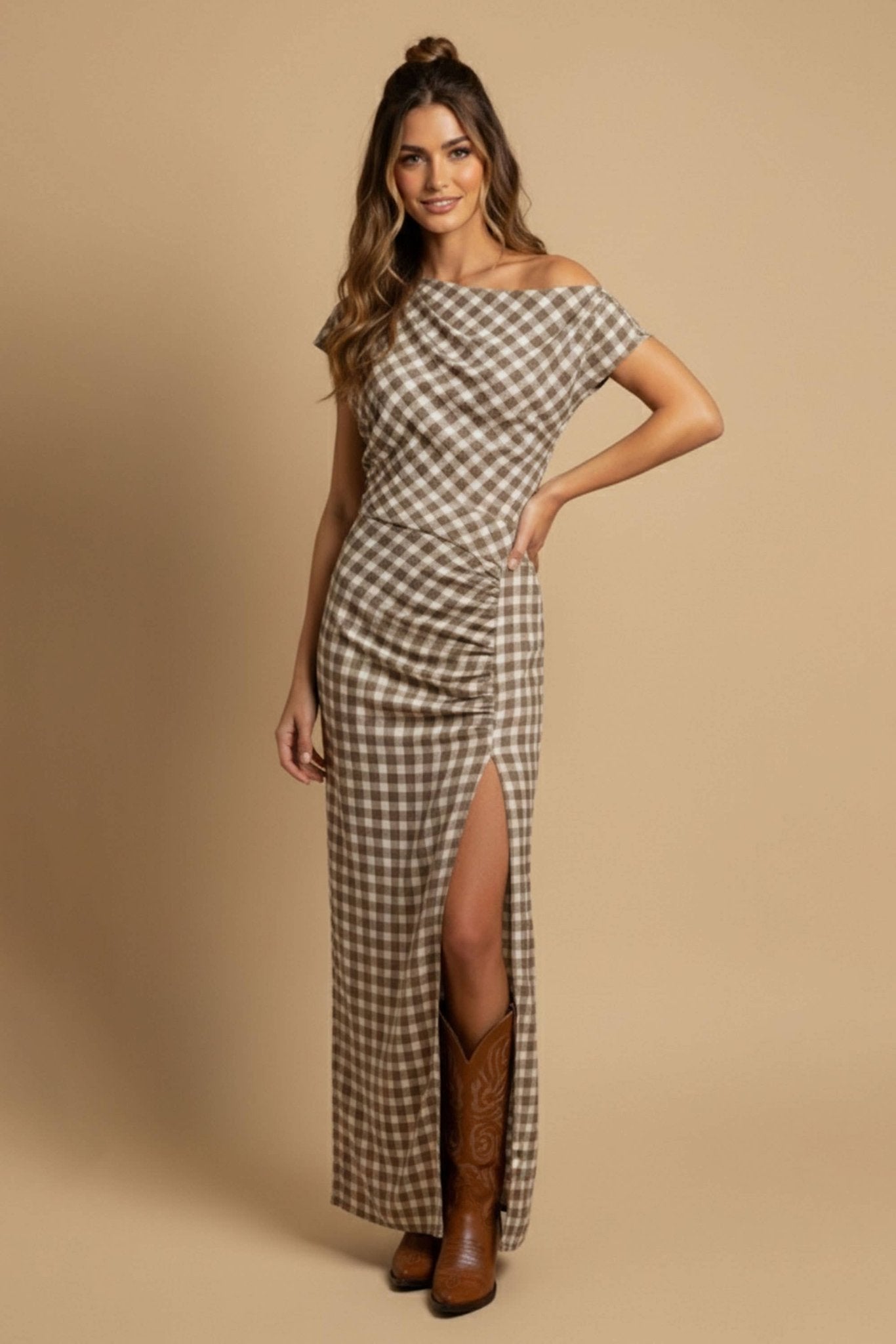 Spring Off - Shoulder Gingham Maxi Dress - Purpose + Passion Boutique