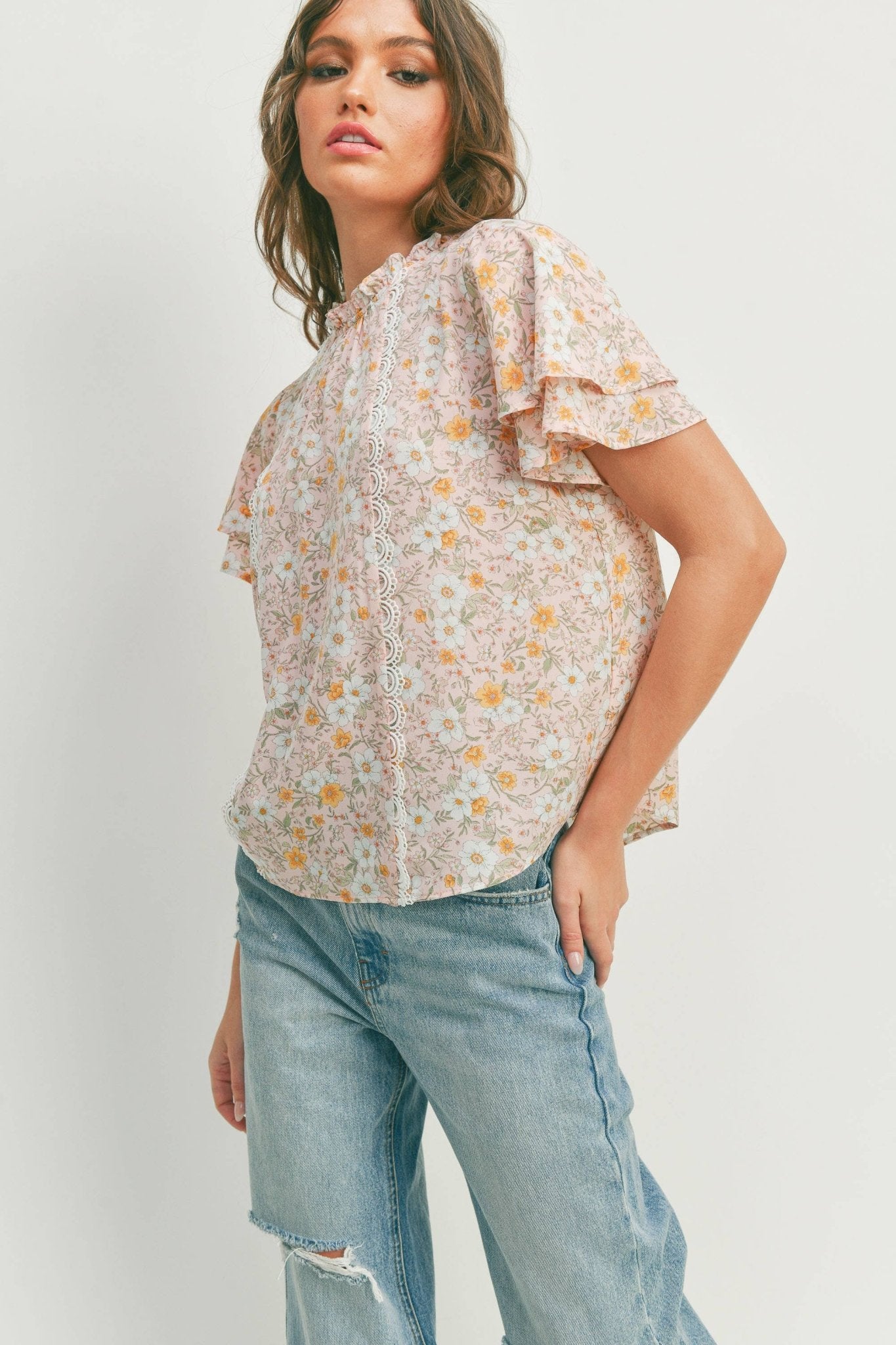 Spring Time Floral Trim Blouse - Purpose + Passion Boutique