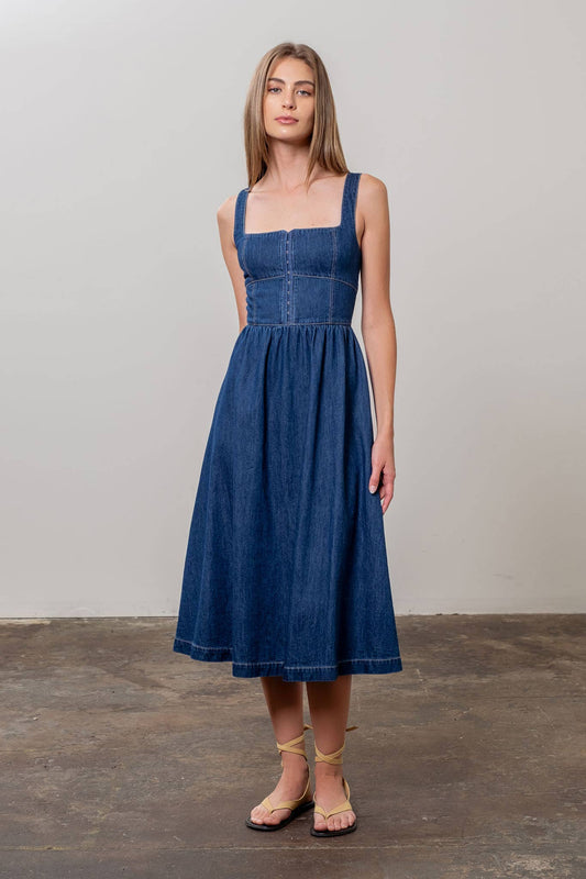 Square Neck Denim Midi Dress - Purpose + Passion Boutique