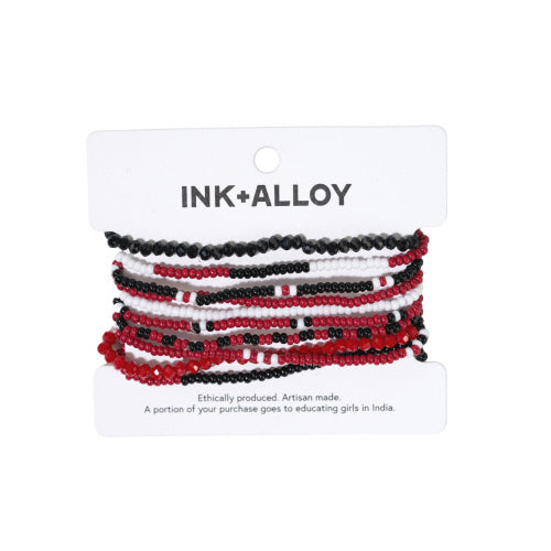 Red + Black Mixed Stripe 10 Strand Stretch Bracelet