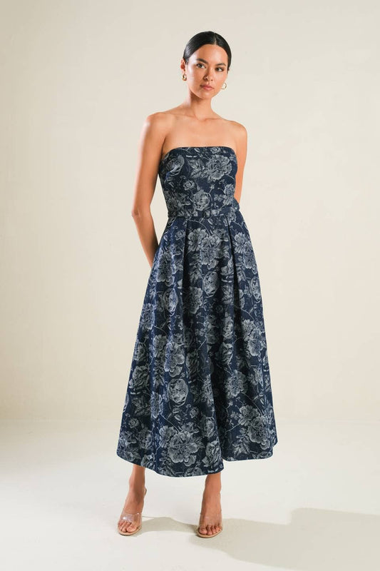 Strapless Jacquard Denim Mini Dress - Purpose + Passion Boutique