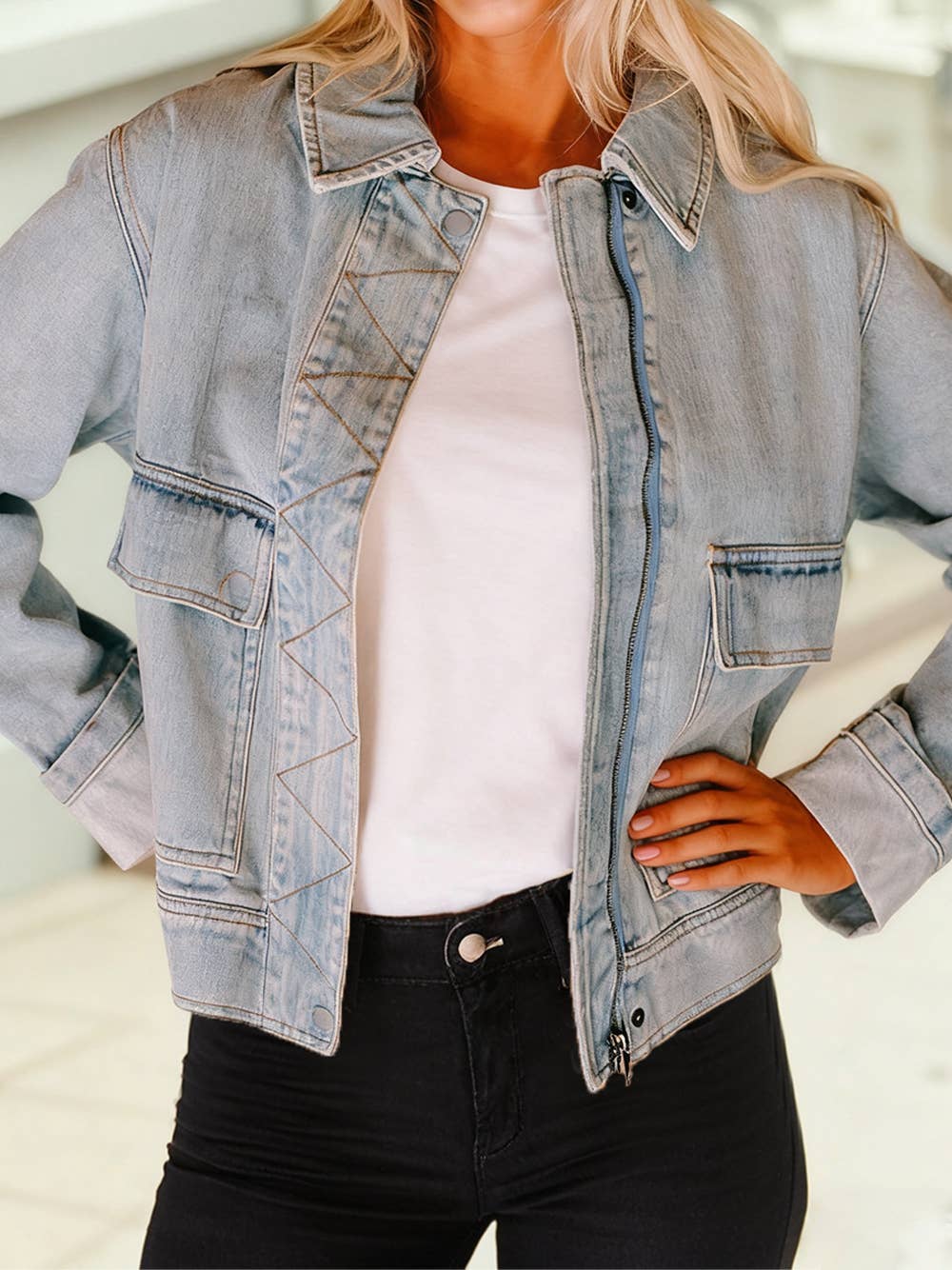 Street Style Zip Up Washed Denim Jacket - Purpose + Passion Boutique