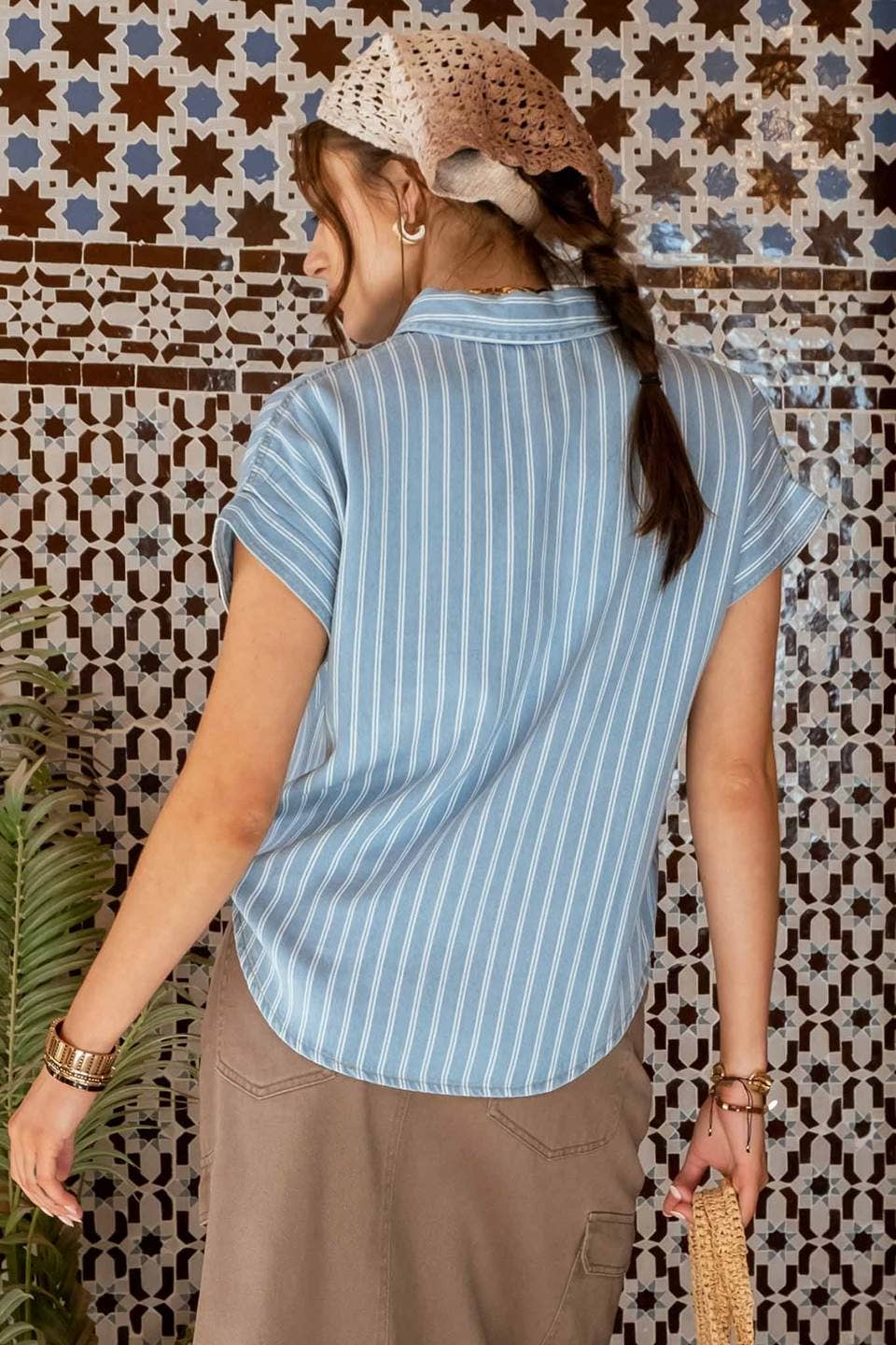 Stripe Denim Chambray Short Sleeve Button Down - Purpose + Passion Boutique