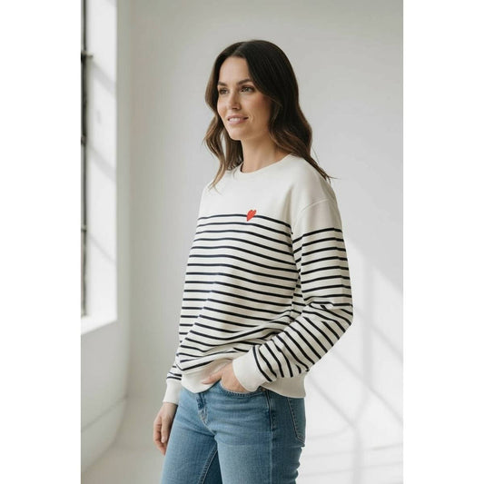 Striped Black/Cream with Heart Sweatshirt - Purpose + Passion Boutique