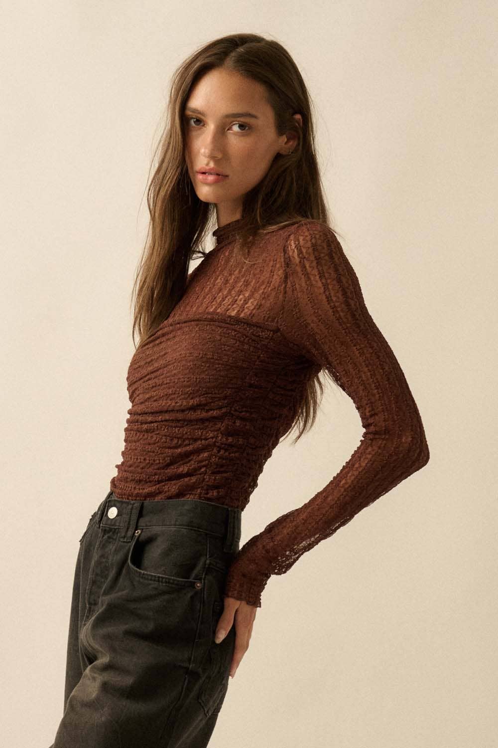 Striped Floral Lace Ruched Mock - Neck Bodysuit - Purpose + Passion Boutique