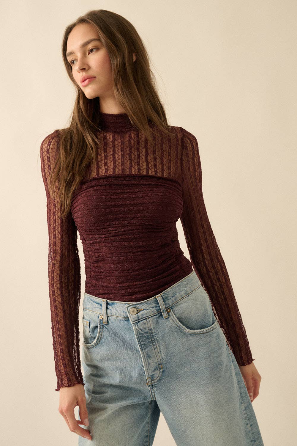Striped Floral Lace Ruched Mock - Neck Bodysuit - Purpose + Passion Boutique