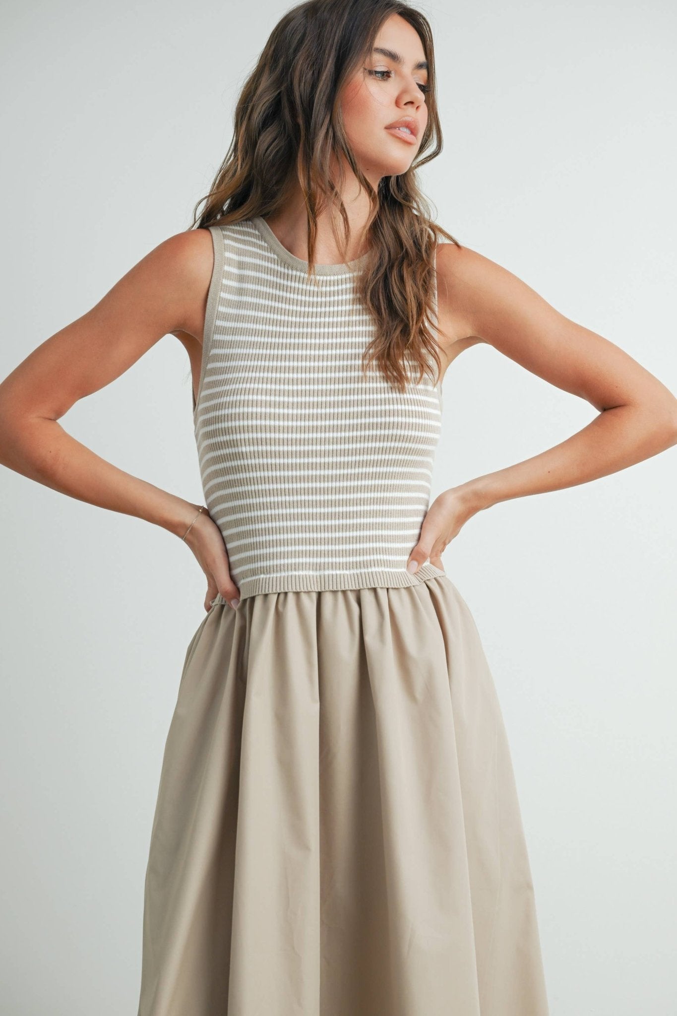 Striped Taupe / Ivory Sleeveless Maxi Dress with Pockets - Purpose + Passion Boutique