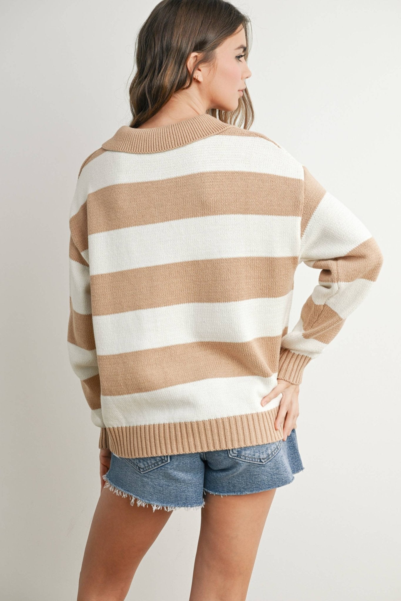 Stripped Taupe / Ivory Polo Sweater - Purpose + Passion Boutique