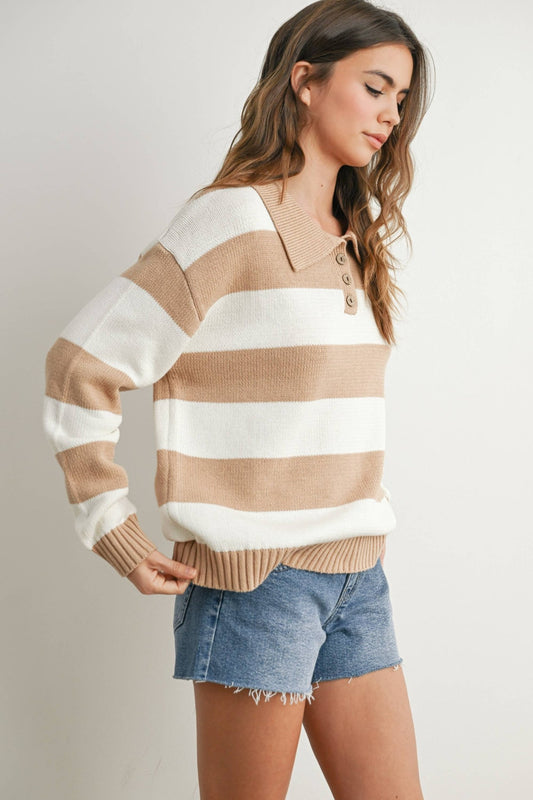 Stripped Taupe / Ivory Polo Sweater - Purpose + Passion Boutique