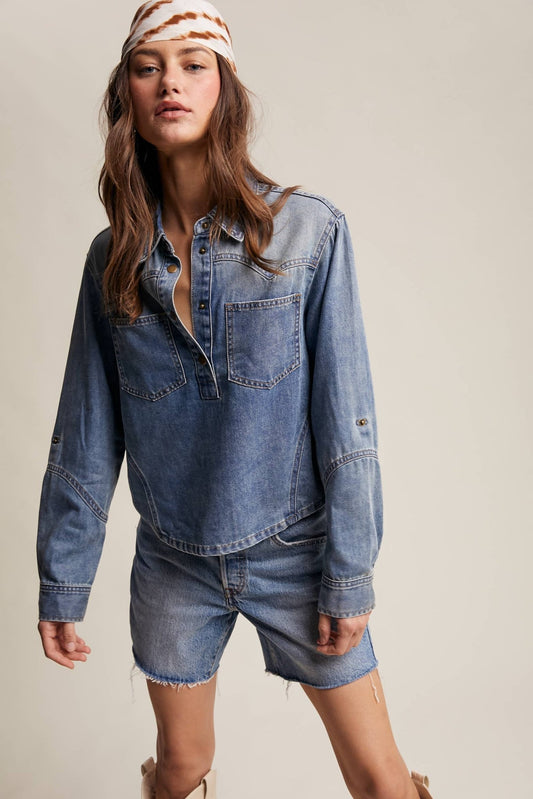 Sun - washed Blue Western - Inspired Denim Shirt - Purpose + Passion Boutique