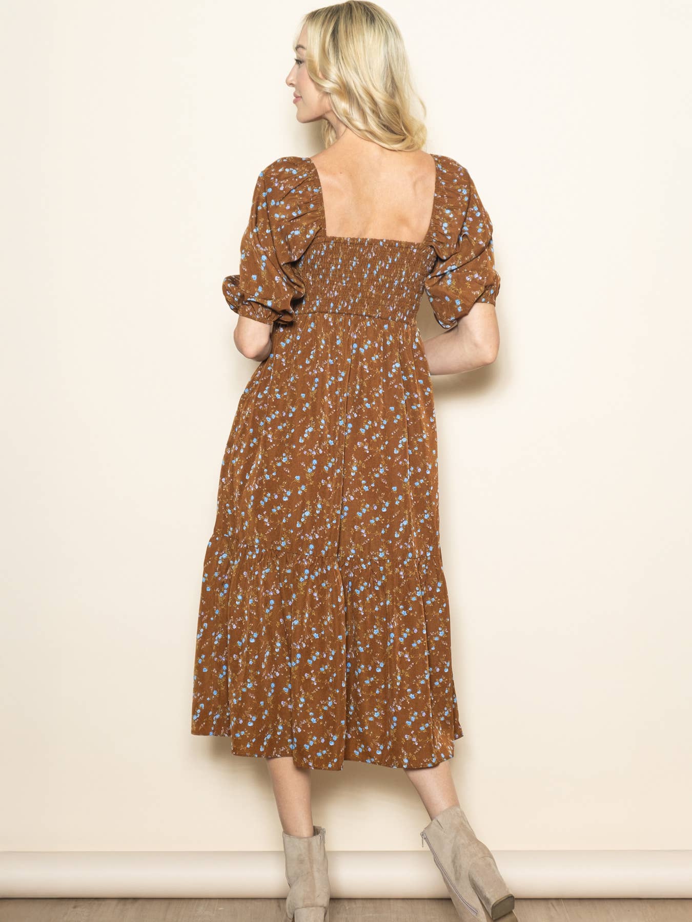Sweetheart Coffee Neck Bubble Sleeve Floral Midi Dress - Purpose + Passion Boutique