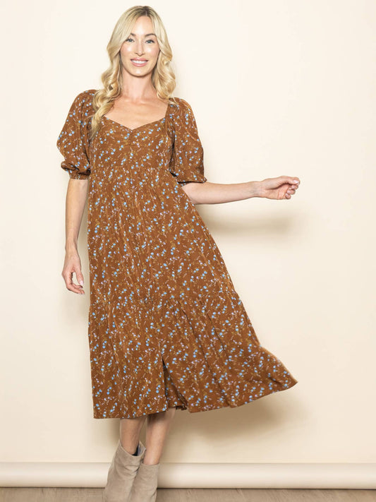 Sweetheart Coffee Neck Bubble Sleeve Floral Midi Dress - Purpose + Passion Boutique