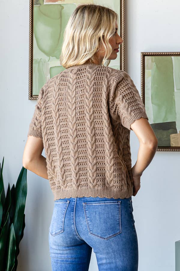 Tan Cable Knit Short Sleeve Sweater - Purpose + Passion Boutique