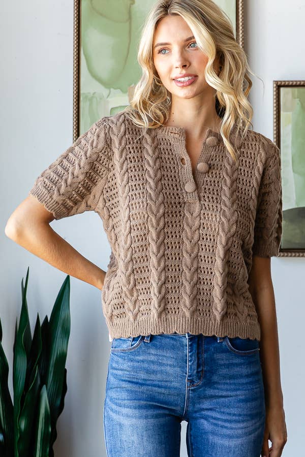 Tan Cable Knit Short Sleeve Sweater - Purpose + Passion Boutique