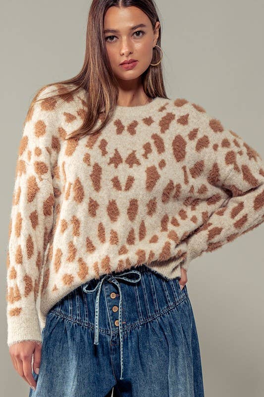 Taupe Animal Print Camo Crewneck Sweater - Purpose + Passion Boutique