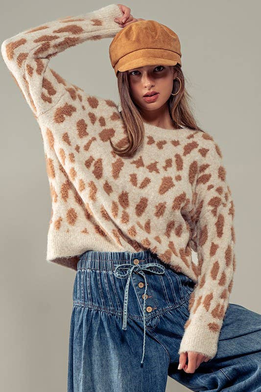 Taupe Animal Print Camo Crewneck Sweater - Purpose + Passion Boutique